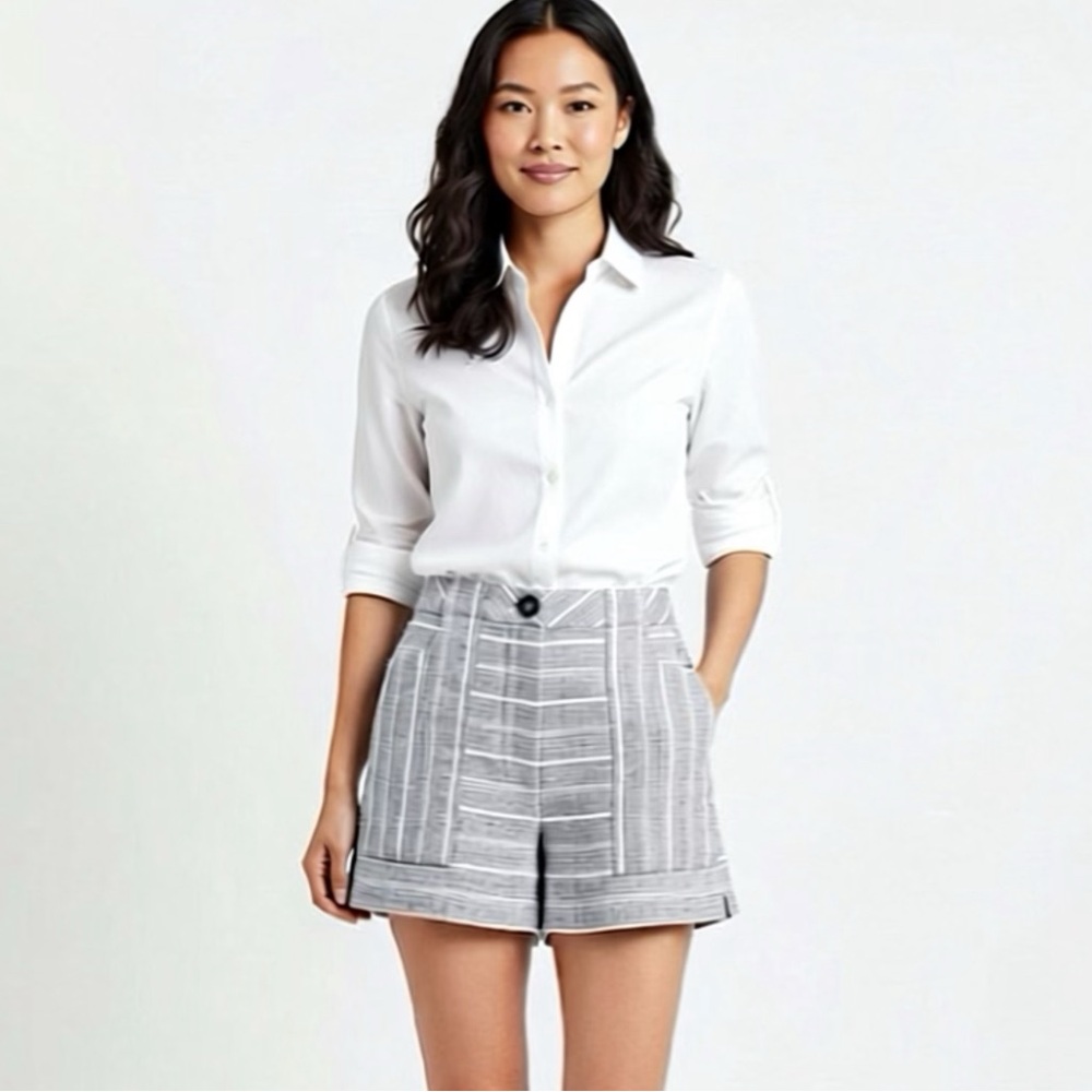 INTERMIX High Waist Contrasting Striped Shorts, grey, cotton blend, pockets, S